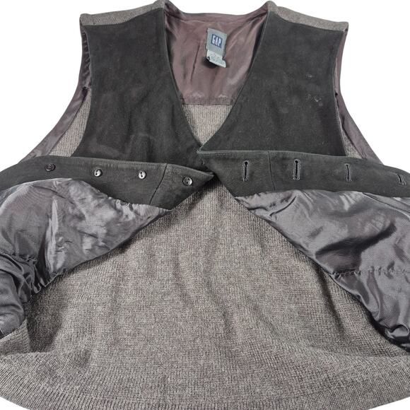 Gap Black Leather Gray Wool Knit Button Front Vintage Vest XL - Picture 2 of 3